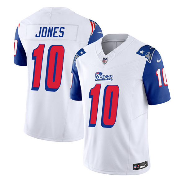 Men's New England Patriots #10 Mac Jones White/Blue 2023 F.U.S.E. Vapor Limited Football Stitched Jersey